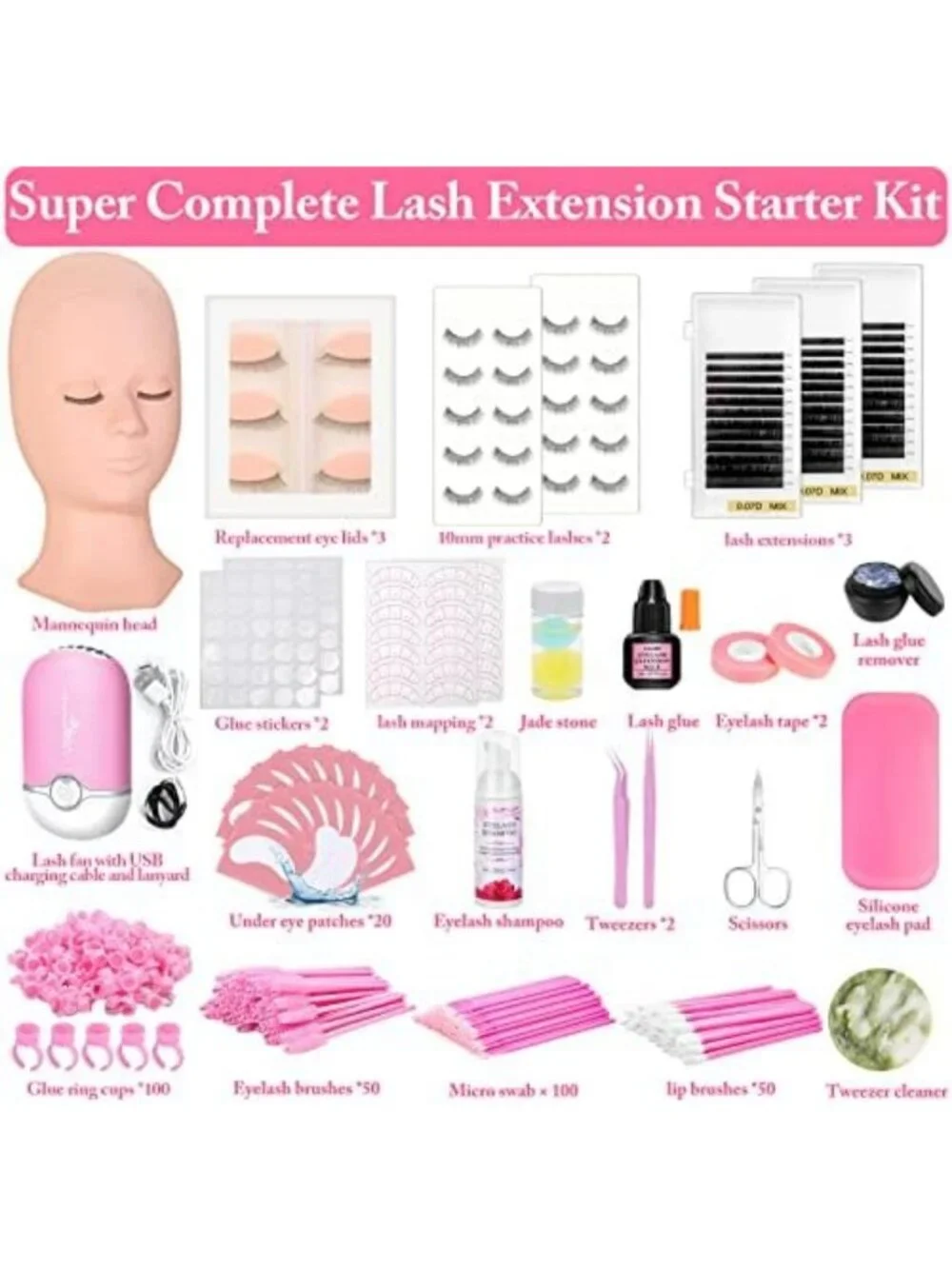 Comprehensive Eyelash Extension Practice Kit - 345 PCS with Mannequin Head